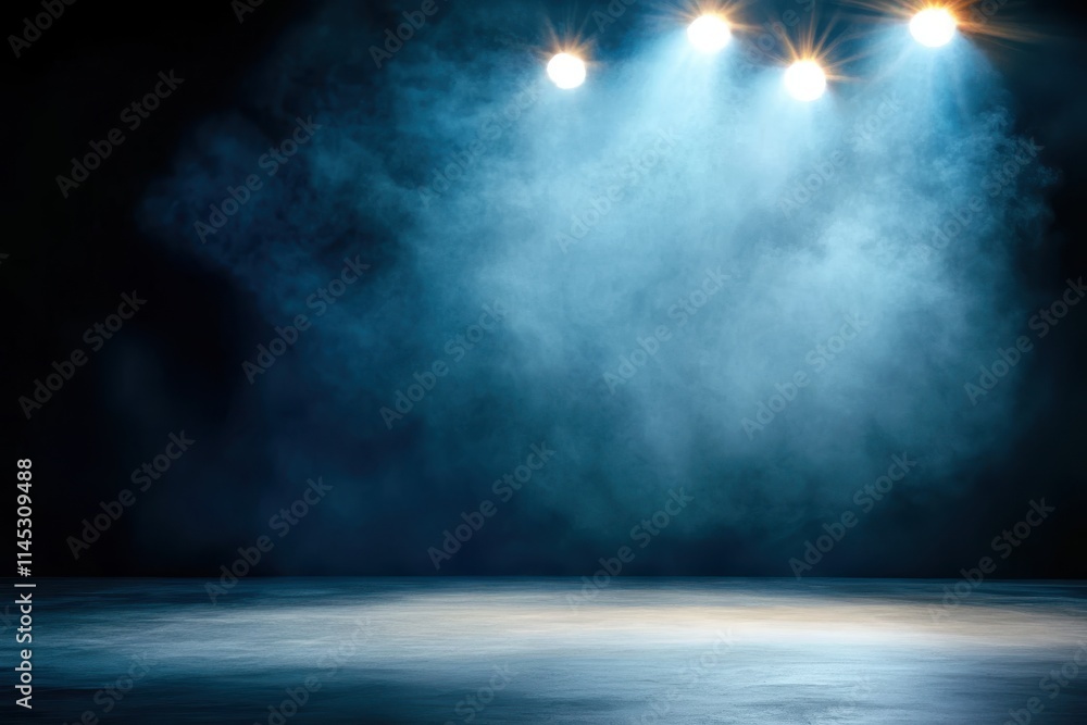 A dramatic scene with four vivid spotlights illuminating a fog-filled stage, creating an intense and vibrant environment ready for a captivating spectacle. A dramatic scene with four vivid spotlights illuminating a fog-filled stage, creating an intense and vibrant environment ready for a captivating spectacle.