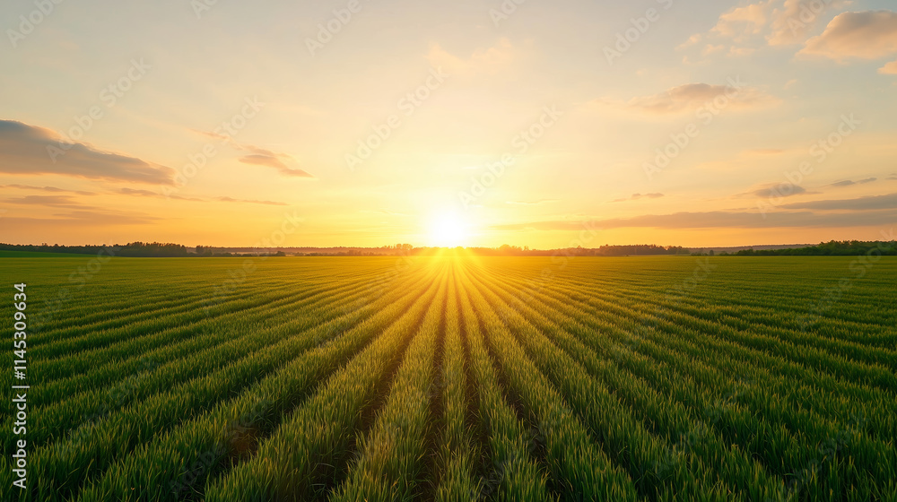 Sunrise over vibrant green field with neatly organized crop rows in the early morning light Sunrise over vibrant green field with neatly organized crop rows in the early morning light