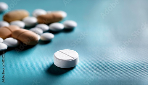 Medicine, chunky white pill in the foreground, other pills in the background