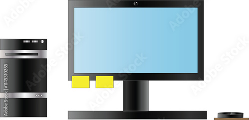 One black PC set containing a keyboard, mouse, CPU, and monitor with camera.