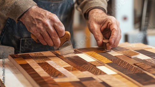 Craftsman shaping a wooden piece with care, intricate patterns on the table. photo