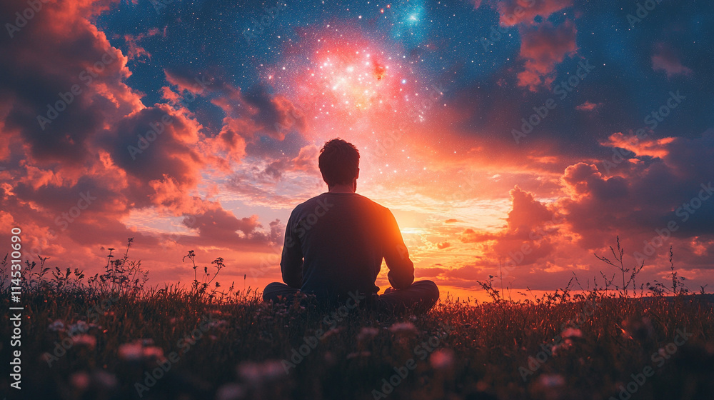 grateful man prays to God at dawn, facing the galaxy sky with a radiant backlight, symbolizing hope, faith, and spiritual connection amidst the vastness of the universe grateful man prays to God at dawn, facing the galaxy sky with a radiant backlight, symbolizing hope, faith, and spiritual connection amidst the vastness of the universe