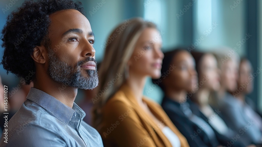 Diverse Group of Professionals Attending a Business Seminar in a Modern Conference Room with Natural Lighting Diverse Group of Professionals Attending a Business Seminar in a Modern Conference Room with Natural Lighting