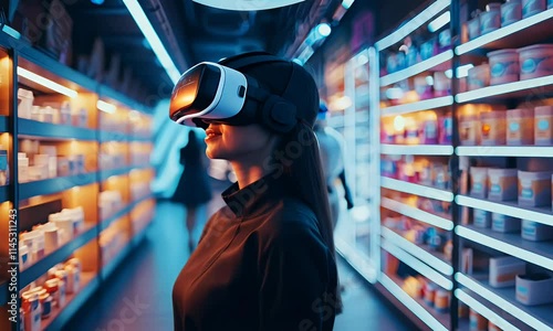 A customer using augmented reality glasses to shop in a high-tech retail store. The individual interacts with holographic product displays showing item details, pricing, and customer reviews