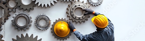 Worker adjusting gears with safety helmet, white isolated background photo