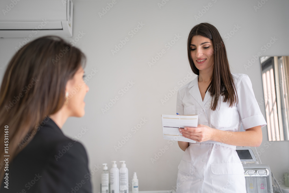 Happy female dermatologist writing prescription while discussing with anonymous client in beauty salon. Beautiful cosmetologist woman is working in clinic. Happy female dermatologist writing prescription while discussing with anonymous client in beauty salon. Beautiful cosmetologist woman is working in clinic.