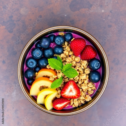 A colorful smoothie bowl topped with fresh fruits and granola, cast bronze surface, antique patina finish, overhead bird’s eye view, detailed texture, top-down perspective photo