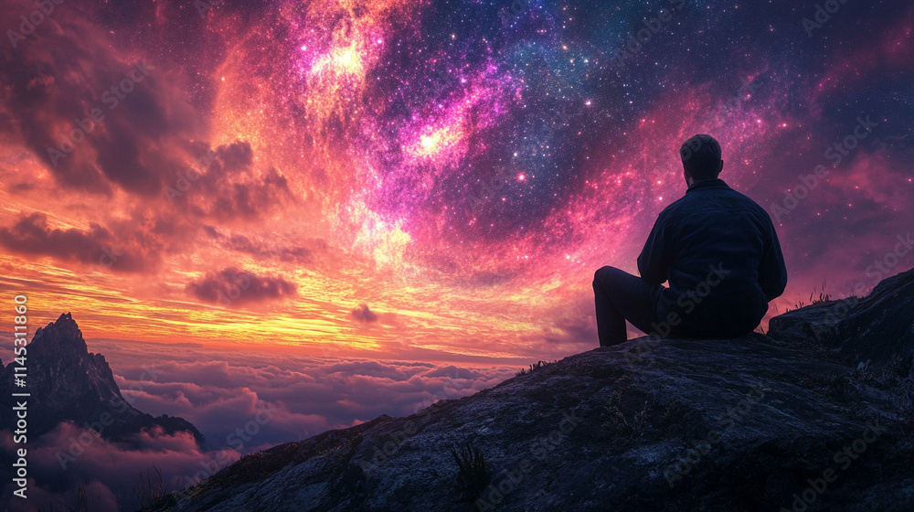 grateful man prays to God at dawn, facing the galaxy sky with a radiant backlight, symbolizing hope, faith, and spiritual connection amidst the vastness of the universe grateful man prays to God at dawn, facing the galaxy sky with a radiant backlight, symbolizing hope, faith, and spiritual connection amidst the vastness of the universe