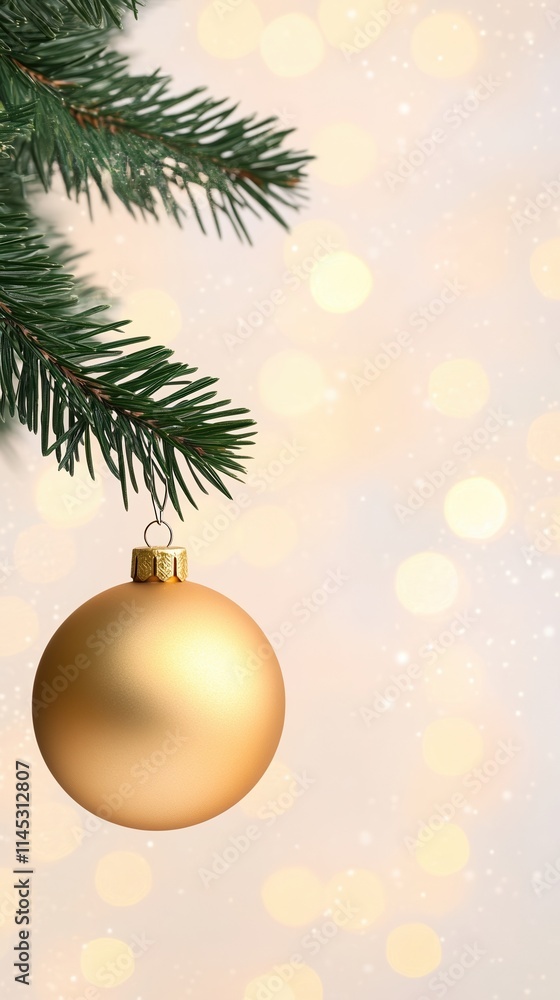 Golden Christmas Bauble Hanging on Pine Branch with Soft Bokeh Background, Glittering Holiday Decoration Scene Golden Christmas Bauble Hanging on Pine Branch with Soft Bokeh Background, Glittering Holiday Decoration Scene
