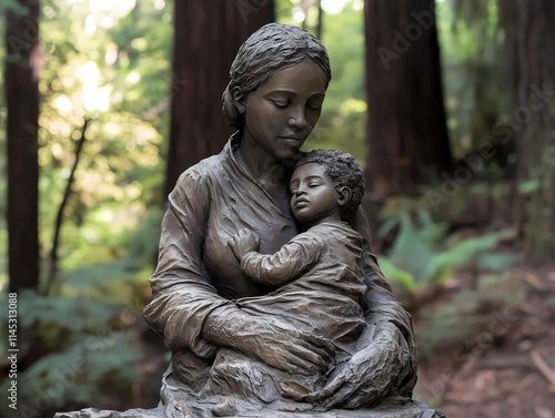 Bronze sculpture of a mother tenderly holding her sleeping child in a natural forest setting, capturing maternal love, protection and the intimate bond between parent and child.