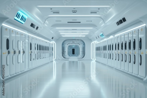 Fototapeta Naklejka Na Ścianę i Meble -  Futuristic corridor with sleek design and illuminated walls in a space station environment