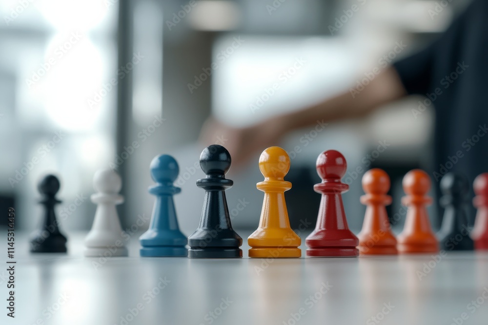 Colorful chess pawns arranged in a line on a table during a vibrant indoor activity Colorful chess pawns arranged in a line on a table during a vibrant indoor activity