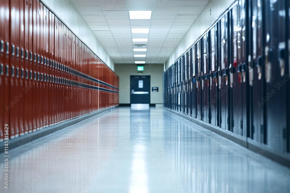 Brightly lit hallway featuring rows of red and blue lockers in a school building during the day Brightly lit hallway featuring rows of red and blue lockers in a school building during the day