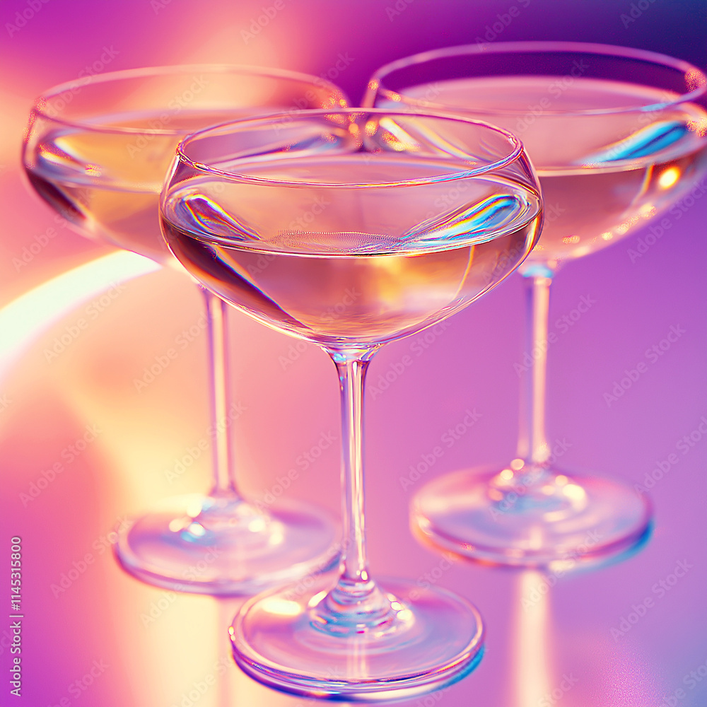 Three glasses with drinks on a purple-pink background. Three glasses with drinks on a purple-pink background.