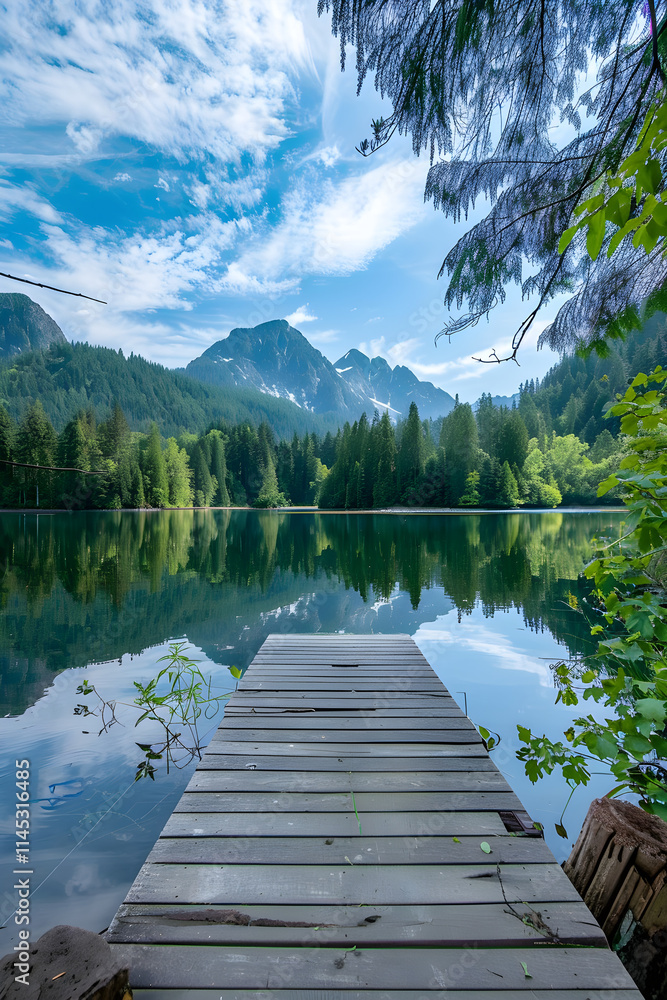 Serene Lakeside View with Green Trees, Towering Mountains, and Wooden Pier Perfect for Tranquil Escape Serene Lakeside View with Green Trees, Towering Mountains, and Wooden Pier Perfect for Tranquil Escape
