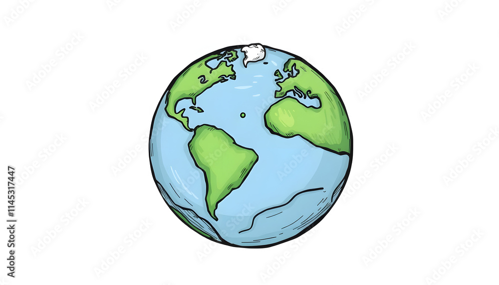 Obraz premium Hand drawn cartoon earth illustration, angled photoshot, with white tones