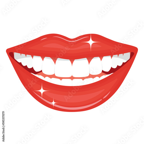 Illustration of an open perfect female white smile. Clean, healthy, and even teeth. Flat style.