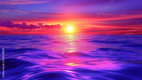 mesmerizing sunrise over the sea, with the water in motion and blurred, symbolizing chaos, renewal, and the natural beauty of the horizon as the day begins