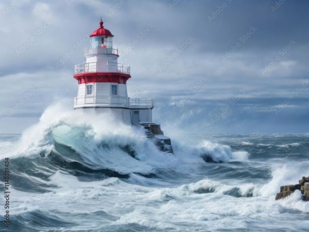 A fabulous winter landscape, a winter guardian, a red lighthouse in a winter storm on a rocky coastline amidst raging waves A fabulous winter landscape, a winter guardian, a red lighthouse in a winter storm on a rocky coastline amidst raging waves