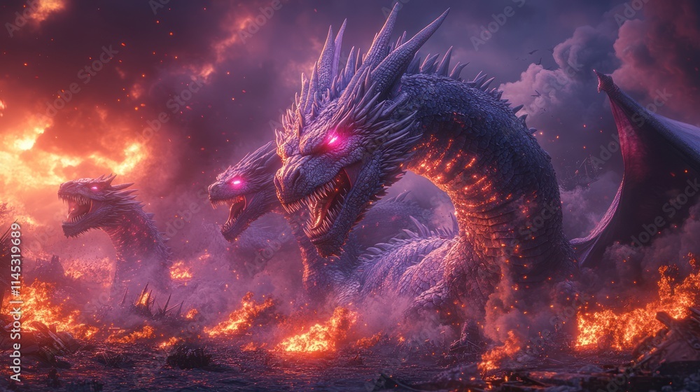 Three majestic, fiery, white dragons amidst a burning landscape. Three majestic, fiery, white dragons amidst a burning landscape.
