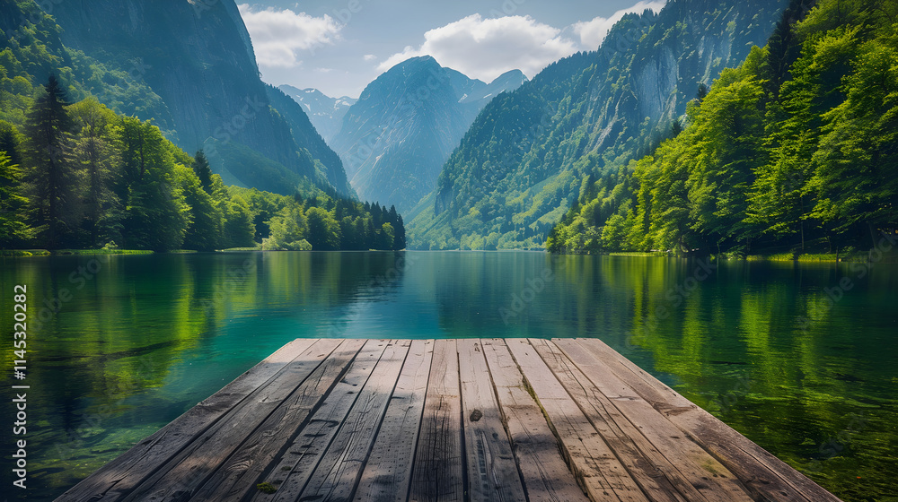 Serene Lakeside View with Green Trees, Towering Mountains, and Wooden Pier Perfect for Tranquil Escape Serene Lakeside View with Green Trees, Towering Mountains, and Wooden Pier Perfect for Tranquil Escape