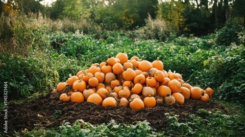 In a vibrant outdoor composting area a large pile of pumpkins lies amidst lush green plants and rich soil illustrating the natural process of decay and nutrient recycling photo