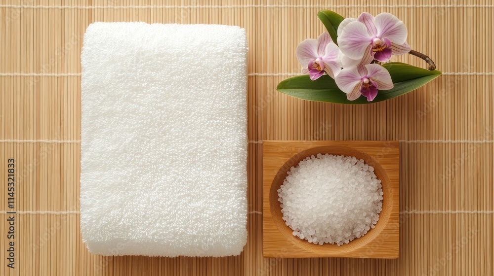 A calming arrangement featuring a soft white towel roll a wooden bowl filled with bath salts and an elegant orchid flower A calming arrangement featuring a soft white towel roll a wooden bowl filled with bath salts and an elegant orchid flower