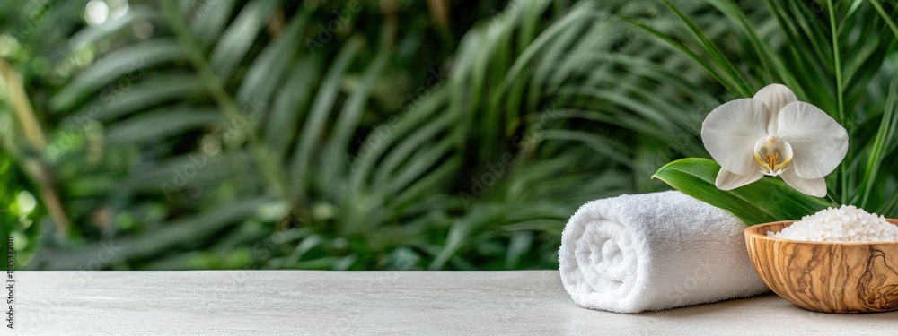 The setup features a soft white towel a wooden bowl filled with bath salts and a delicate orchid flower