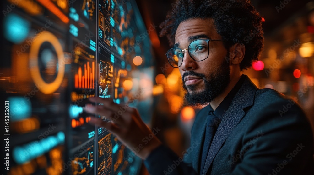 A professional man interacts with a digital display showcasing data and analytics. A professional man interacts with a digital display showcasing data and analytics.