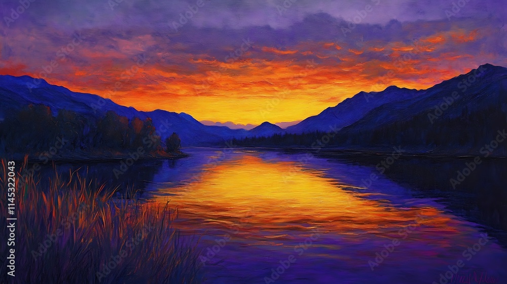 custom made wallpaper toronto digitalThe last light of the day fading behind a mountain ridge, as the sky turns from golden yellow to deep purple, with a calm river reflecting the vibrant colors of the sunset 