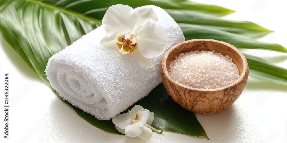 Soft white towel rolled beside a wooden bowl filled with bath salts creates a tranquil spa atmosphere complemented by a delicate orchid all set against a bright serene background Soft white towel rolled beside a wooden bowl filled with bath salts creates a tranquil spa atmosphere complemented by a delicate orchid all set against a bright serene background