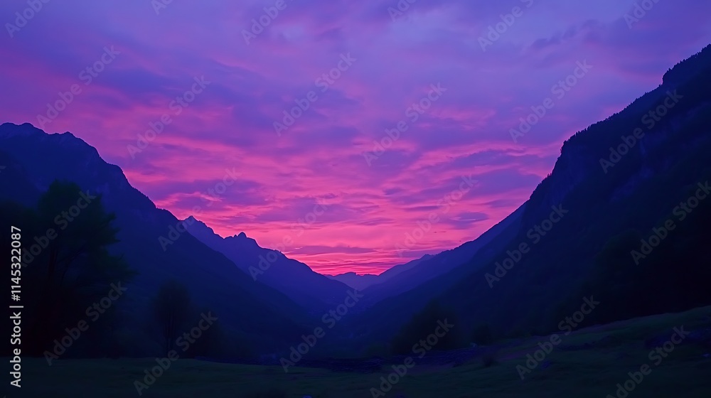 Obraz premium The perfect evening sky in the Alps, with a vibrant sunset blending with the cool blue of the mountain range, creating a stunning contrast of colors over the peaceful valley below 