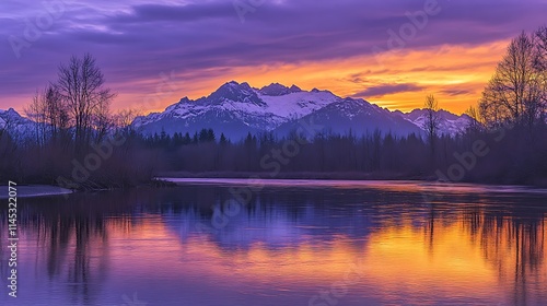 Wallpaper Mural The last light of the day fading behind a mountain ridge, as the sky turns from golden yellow to deep purple, with a calm river reflecting the vibrant colors of the sunset  Torontodigital.ca