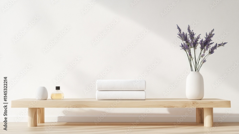 Relax in a serene spa with a minimalist wooden bench rolled white towels fresh lavender and a softly glowing aromatherapy diffuser creating a calming atmosphere Relax in a serene spa with a minimalist wooden bench rolled white towels fresh lavender and a softly glowing aromatherapy diffuser creating a calming atmosphere