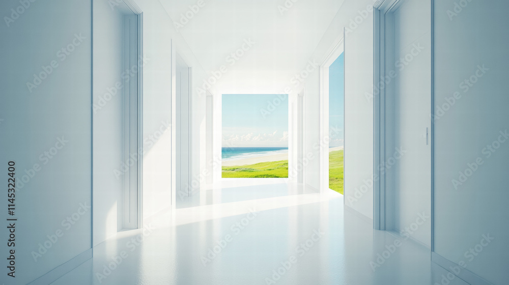3D rendering of a white hallway with doors leading to a green field and a sea view, in a minimalistic style, with bright lighting 3D rendering of a white hallway with doors leading to a green field and a sea view, in a minimalistic style, with bright lighting