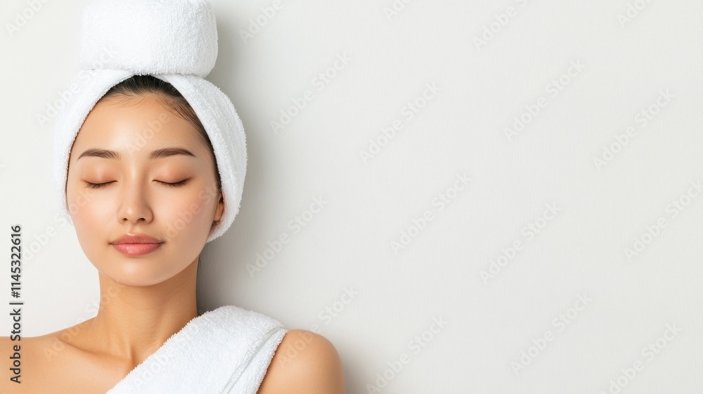 Serene young Asian woman enjoys a moment of tranquility in a minimalist spa environment her eyes closed and a towel wrapped around her hair. Natural light enhances her calm demeanor Serene young Asian woman enjoys a moment of tranquility in a minimalist spa environment her eyes closed and a towel wrapped around her hair. Natural light enhances her calm demeanor