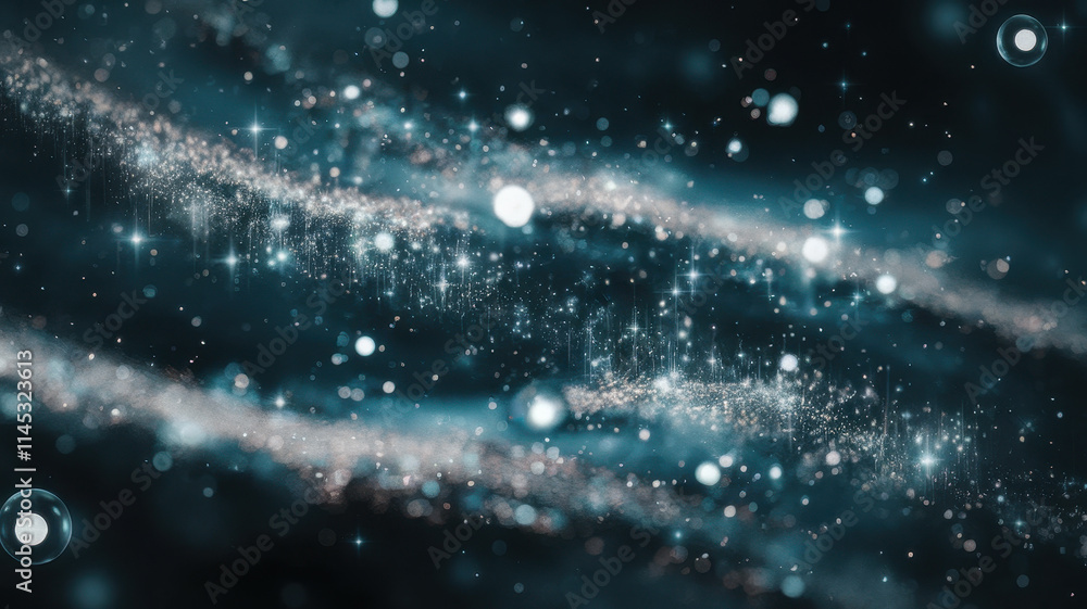 Obraz premium A mesmerizing cosmic scene featuring swirling galaxies filled with sparkling stars and luminous particles in shades of blue and silver.