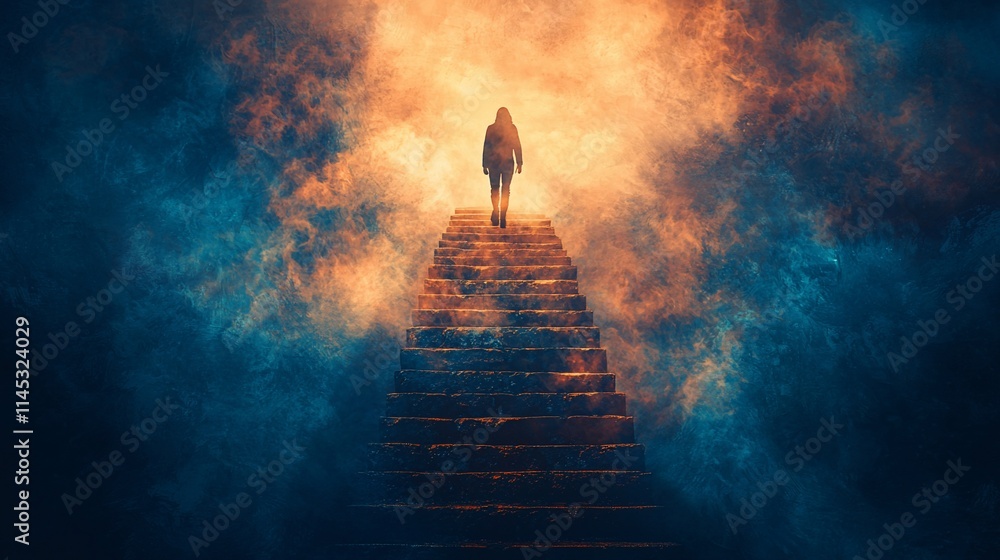Fototapeta premium Woman ascends mystical staircase shrouded in ethereal smoke and light.