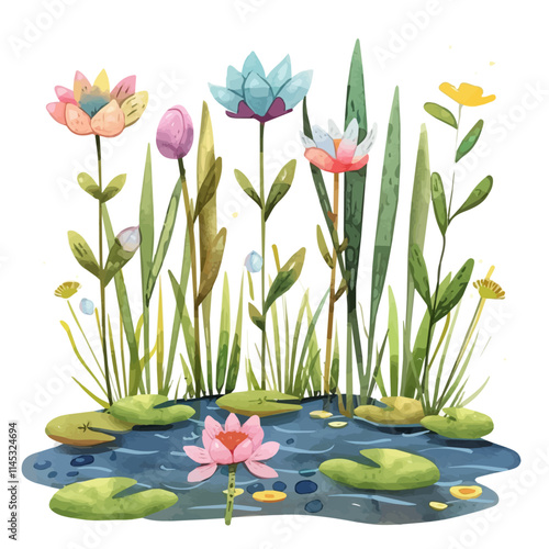 A watercolor vector of spring flowers in full bloom near a pond, isolated on a white background. Spring flowers near a pond vector.