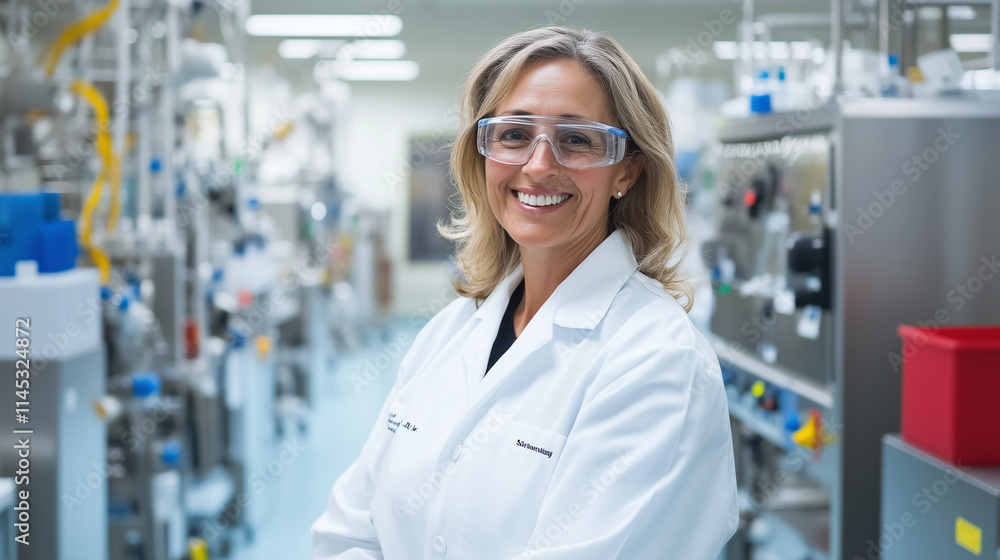 A smiling female scientist wearing protective glasses and a lab coat, surrounded by pharmaceutical equipment in a high-tech production facility A smiling female scientist wearing protective glasses and a lab coat, surrounded by pharmaceutical equipment in a high-tech production facility