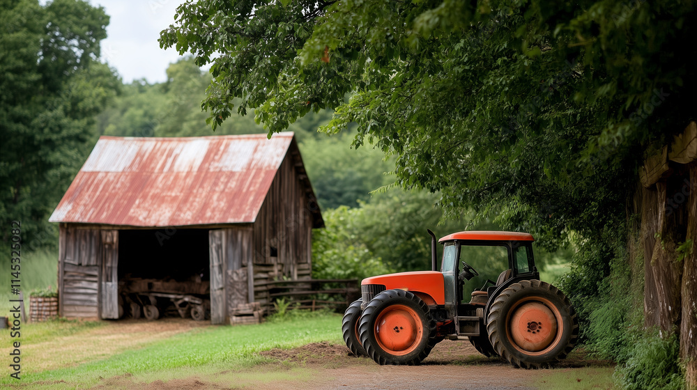 Naklejka premium Rustic tractor parked beside an old wooden barn surrounded by lush greenery on a cloudy day