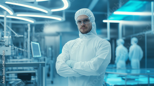 A professional male worker in protective clothing, standing confidently beside automated production equipment in a futuristic cleanroom