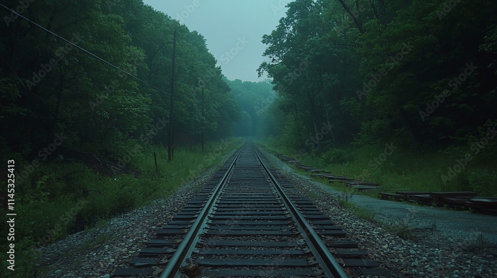 Misty railroad tracks disappearing into a verdant forest. Misty railroad tracks disappearing into a verdant forest.