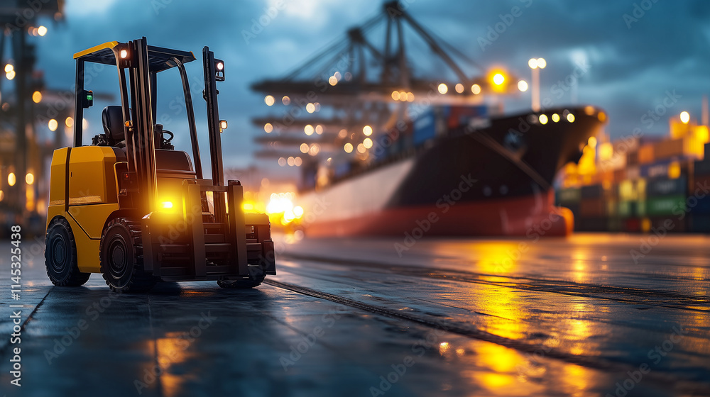 A forklift navigating an outdoor dock area, with large cargo ships and cranes visible in the distance A forklift navigating an outdoor dock area, with large cargo ships and cranes visible in the distance