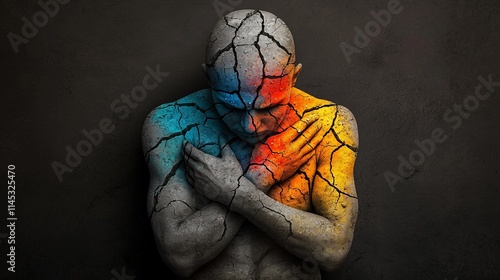 Cracked body, man embracing self, emotional pain, colorful texture.