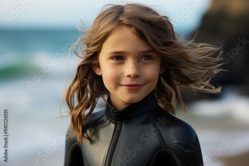 Portrait of a beautiful little girl in wetsuit on the beach photo