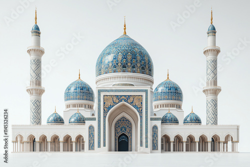 A 3D mosque design with elements from Iranian architecture, featuring tall minarets and mosaic domes, displayed on a blank white background. The minimalism enhances its beauty.