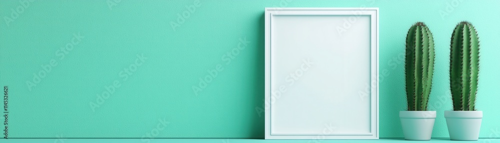 Obraz premium Minimalist Teal Wall Empty Frame Two Cacti Mockup