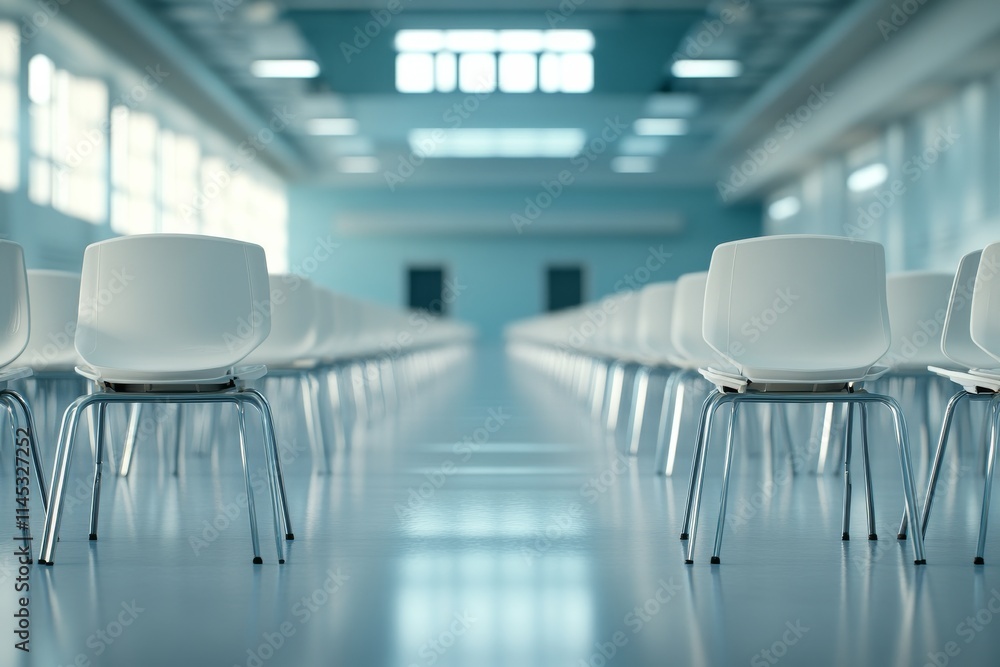 View of empty rows of white chairs arranged in a modern indoor space with bright lighting and large windows on a sunny day View of empty rows of white chairs arranged in a modern indoor space with bright lighting and large windows on a sunny day