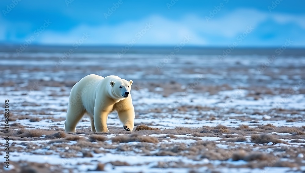 Polar Bear Walking Arctic Tundra Landscape Polar Bear Walking Arctic Tundra Landscape